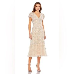 Sz 4 Mac Duggal 35104 Embroidered V-Neck Cap Sleeve Midi Dress Nude Multi